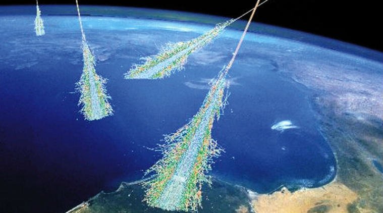 Illustration of cosmic rays hitting Earth's atmosphere, leading to ionizing radiation - NASA